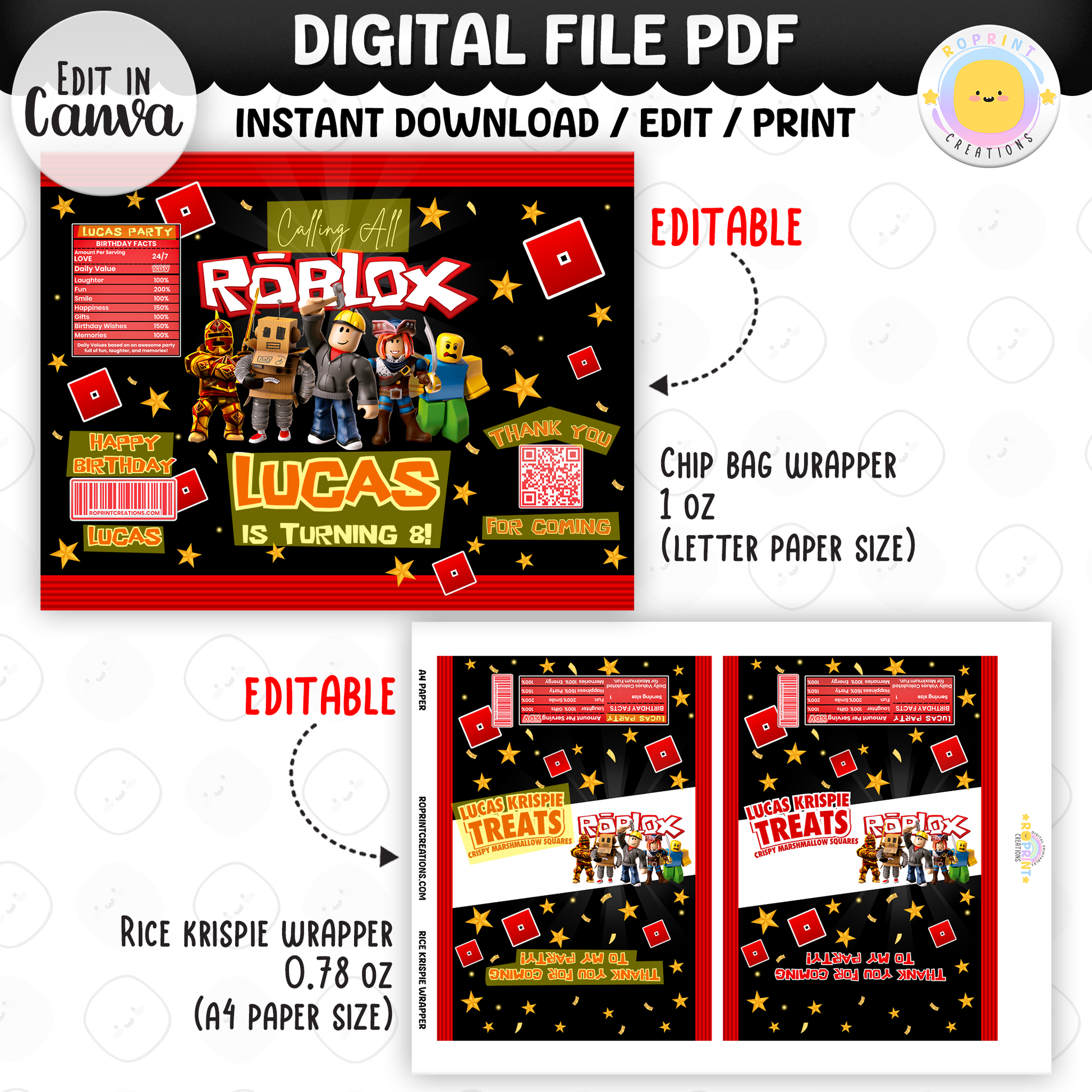 Level up your celebration with this Roblox Birthday Party Collection! Choose from editable party favors and decor, personalize in Canva, then print at home or use professionally for a gamer-themed birthday experience.