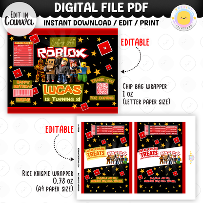 Level up your celebration with this Roblox Birthday Party Collection! Choose from editable party favors and decor, personalize in Canva, then print at home or use professionally for a gamer-themed birthday experience.