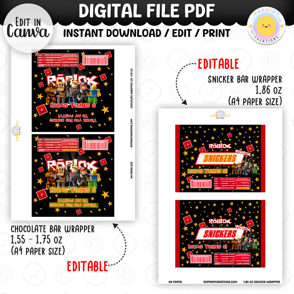 Level up your celebration with this Roblox Birthday Party Collection! Choose from editable party favors and decor, personalize in Canva, then print at home or use professionally for a gamer-themed birthday experience.