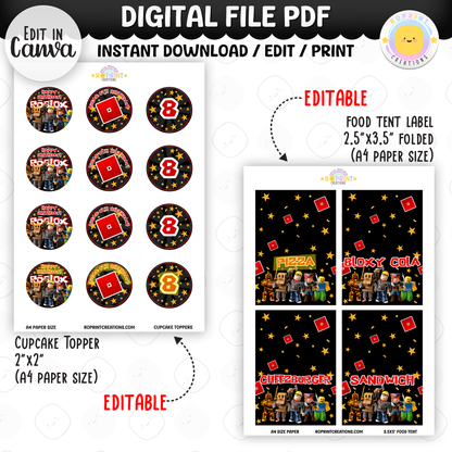 Level up your celebration with this Roblox Birthday Party Collection! Choose from editable party favors and decor, personalize in Canva, then print at home or use professionally for a gamer-themed birthday experience.