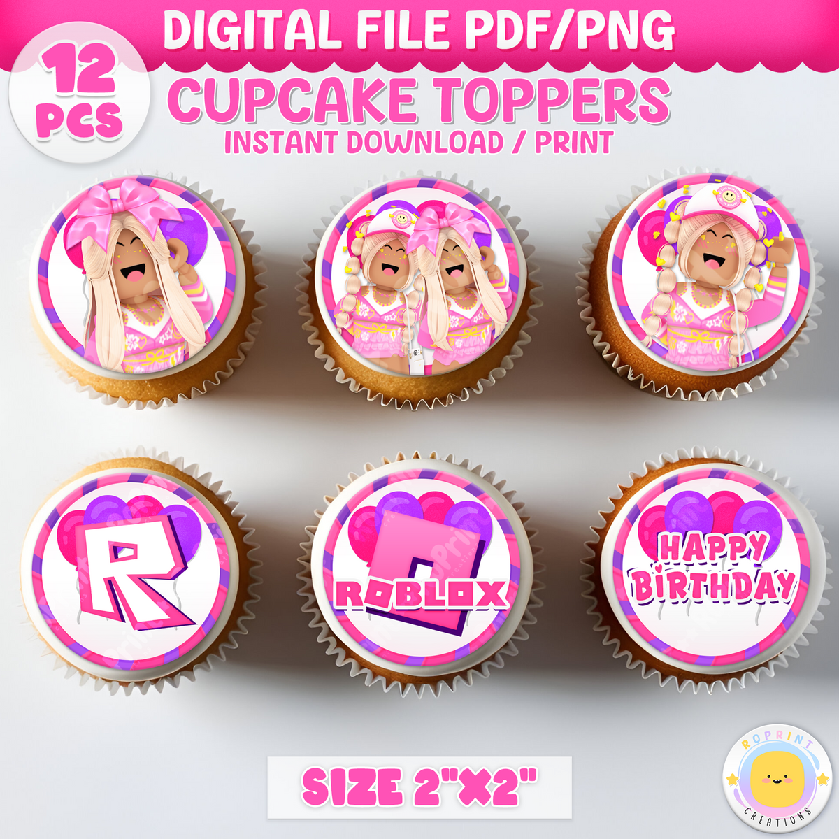 Roblox Cupcake Toppers - Roblox African American Cupcake Toppers.
Add a fun touch to your celebration with these Roblox Cupcake Toppers! Instantly download, print, and assemble for a unique party decoration. These toppers can also be printed on edible paper or sticker paper to create fun stickers. Digital file only.