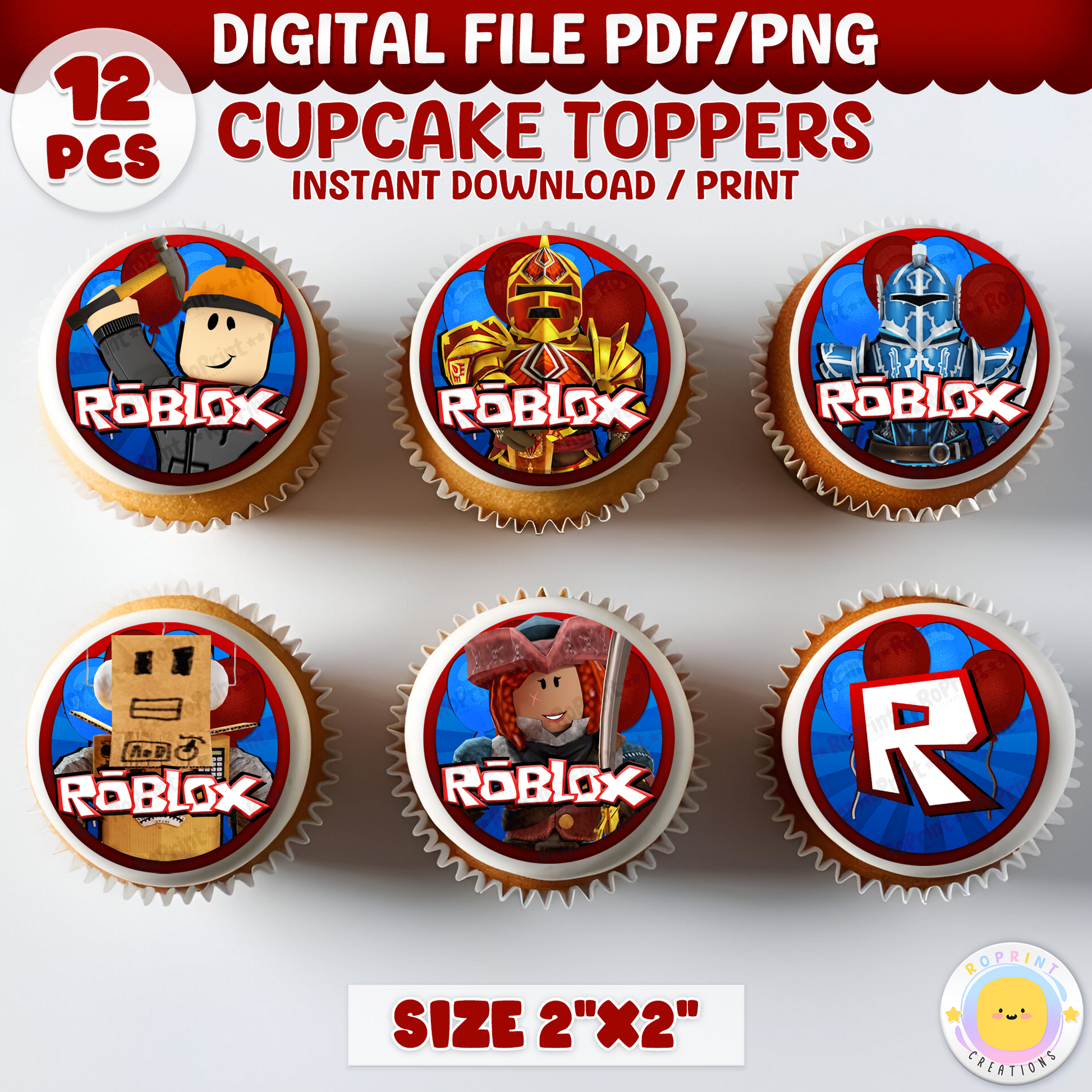 Roblox Cupcake Toppers - Roblox Birthday Cupcake Toppers. Add a fun touch to your celebration with these Roblox Cupcake Toppers! Instantly download, print, and assemble for a unique party decoration. These toppers can also be printed on edible paper or sticker paper to create fun stickers. Digital file only.