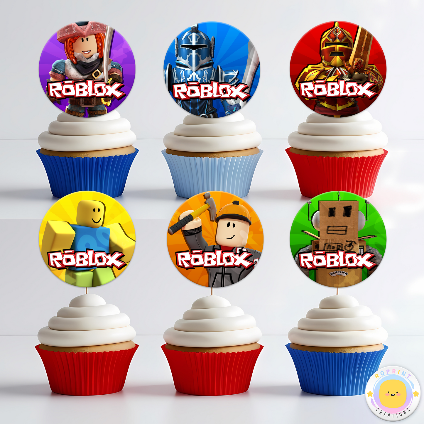 Roblox Cupcake Toppers - Roblox Birthday Cupcake Toppers. Add a fun touch to your celebration with these Roblox Cupcake Toppers! Instantly download, print, and assemble for a unique party decoration. These toppers can also be printed on edible paper or sticker paper to create fun stickers. Digital file only.