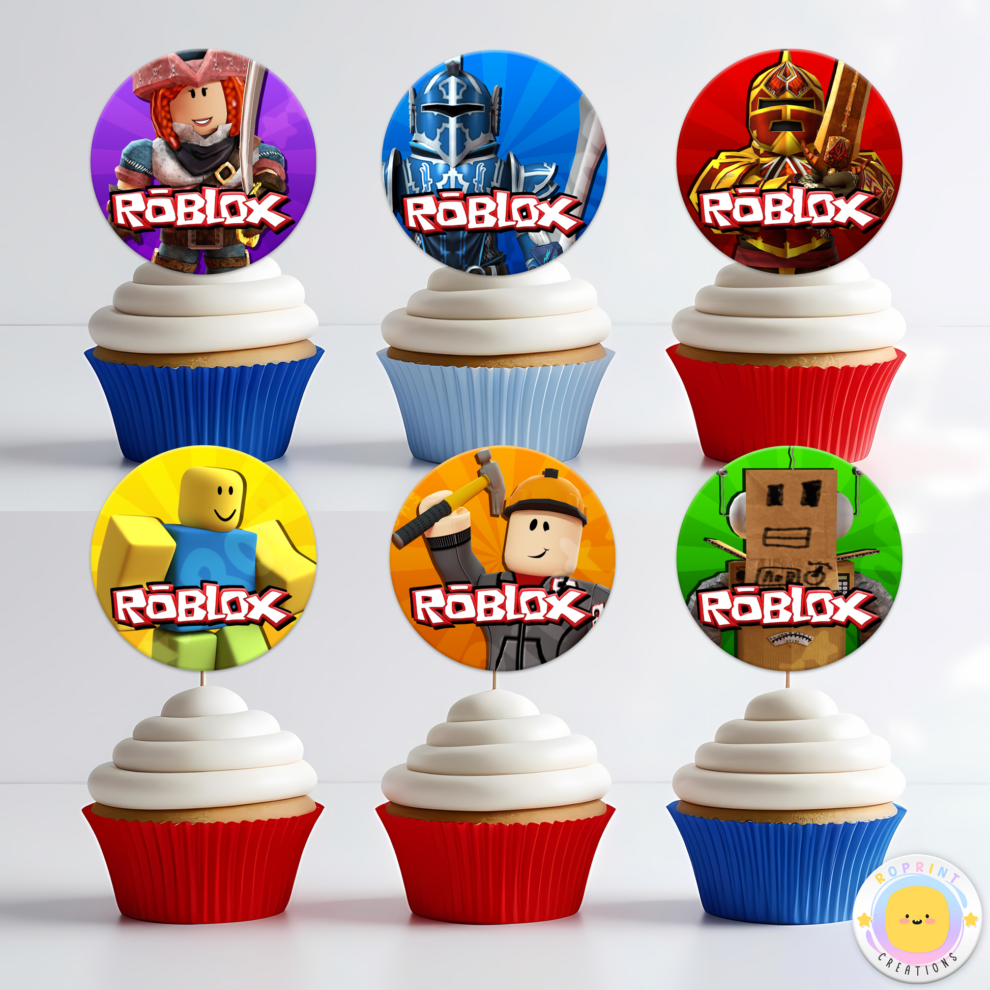 Roblox Cupcake Toppers - Roblox Birthday Cupcake Toppers. Add a fun touch to your celebration with these Roblox Cupcake Toppers! Instantly download, print, and assemble for a unique party decoration. These toppers can also be printed on edible paper or sticker paper to create fun stickers. Digital file only.