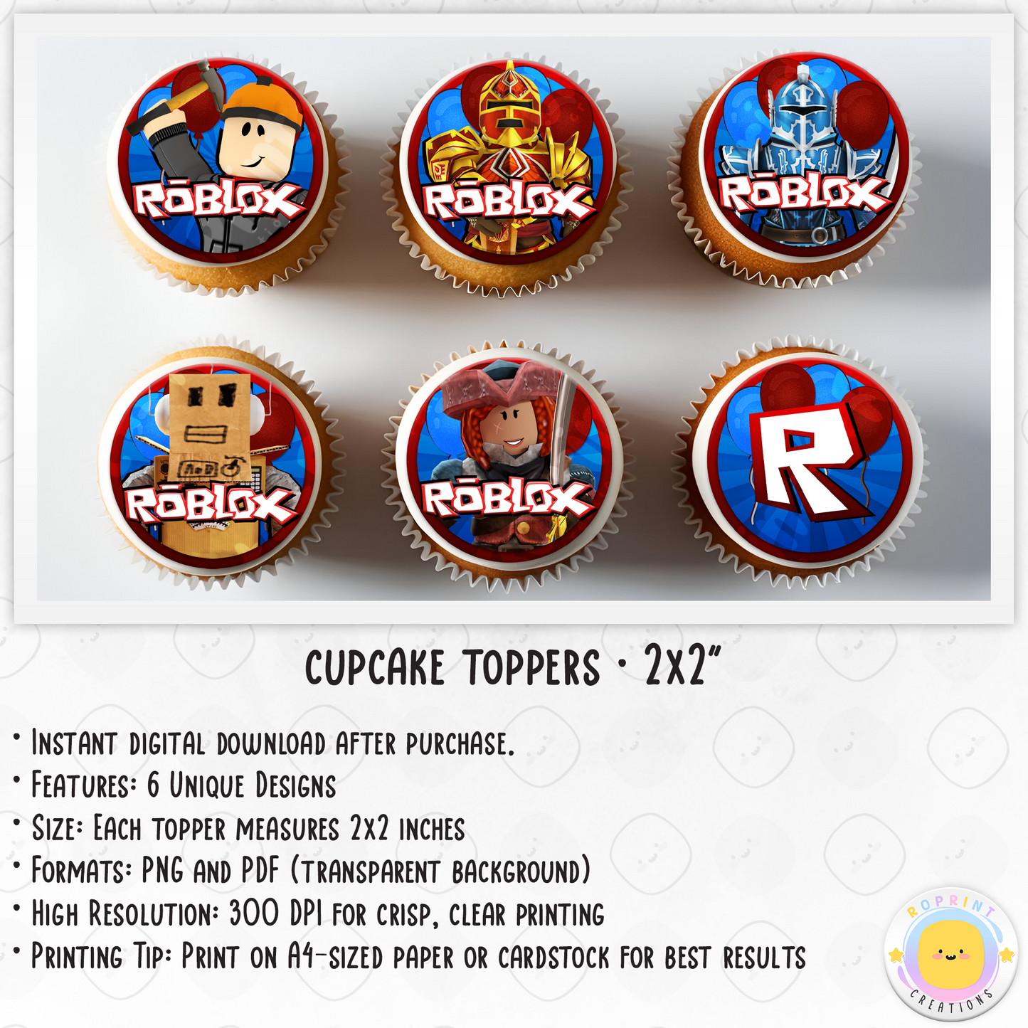 Roblox Cupcake Toppers - Roblox Birthday Cupcake Toppers. Add a fun touch to your celebration with these Roblox Cupcake Toppers! Instantly download, print, and assemble for a unique party decoration. These toppers can also be printed on edible paper or sticker paper to create fun stickers. Digital file only.