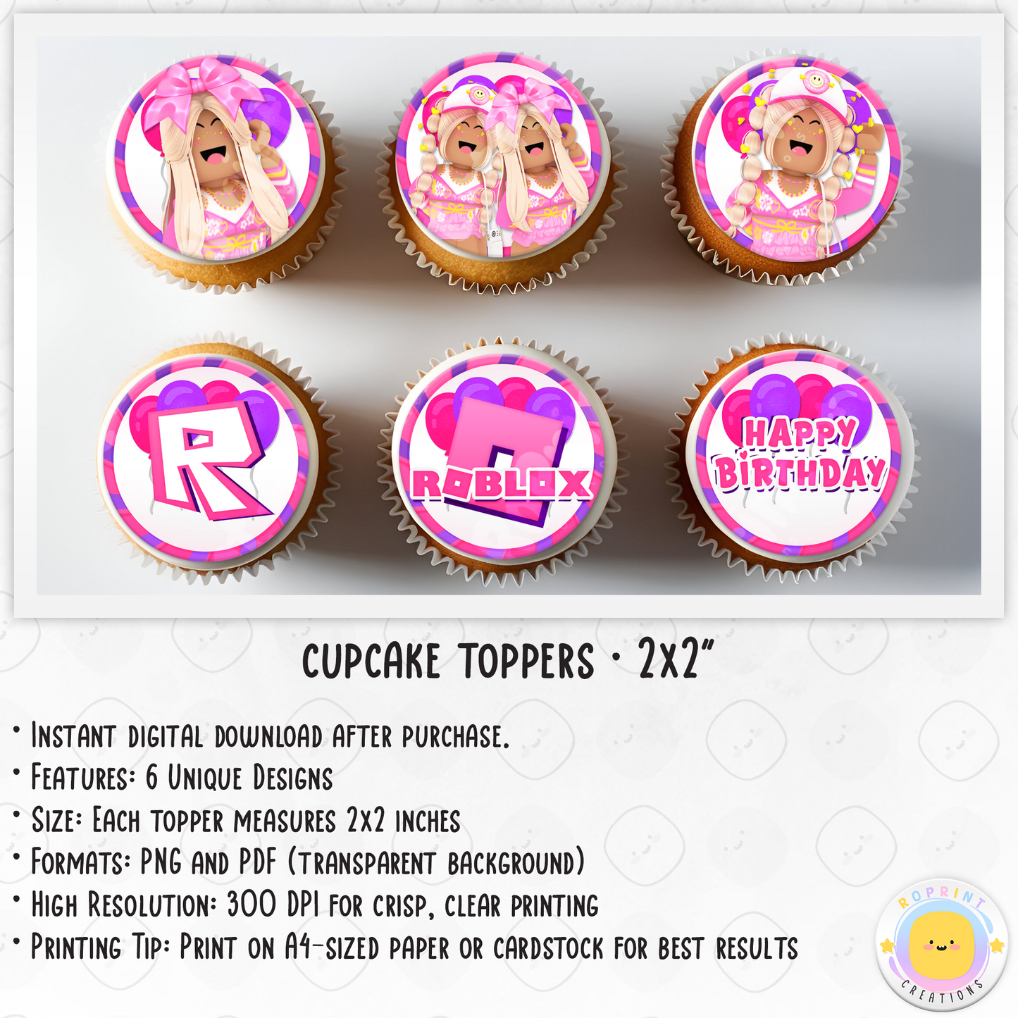 Roblox Cupcake Toppers - Roblox African American Cupcake Toppers.
Add a fun touch to your celebration with these Roblox Cupcake Toppers! Instantly download, print, and assemble for a unique party decoration. These toppers can also be printed on edible paper or sticker paper to create fun stickers. Digital file only.