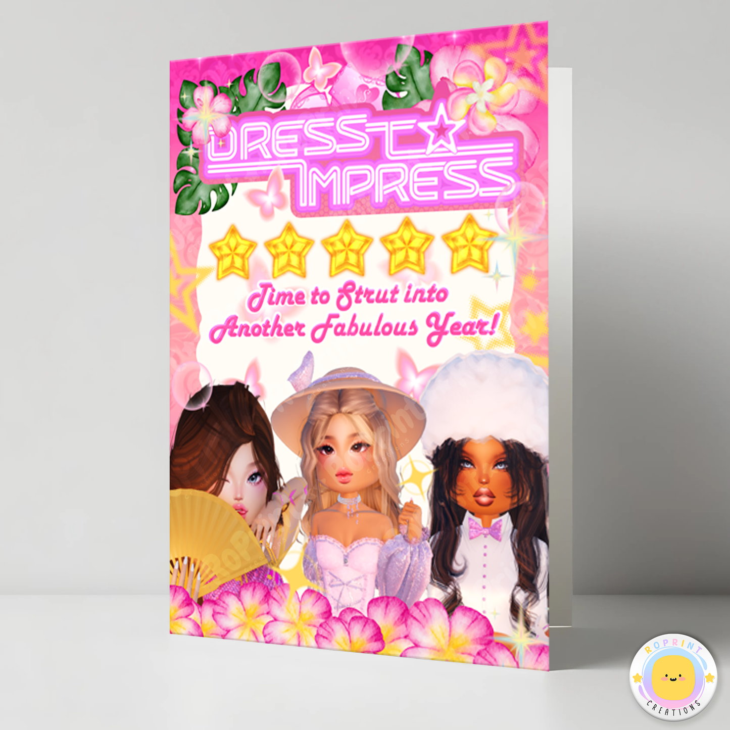 Roblox Dress to Impress Birthday Card – A fun and stylish printable card featuring the popular Dress to Impress Roblox theme. This instant download is perfect for a quick and easy birthday greeting. Simply print at home and add to your celebration! Digital file only.