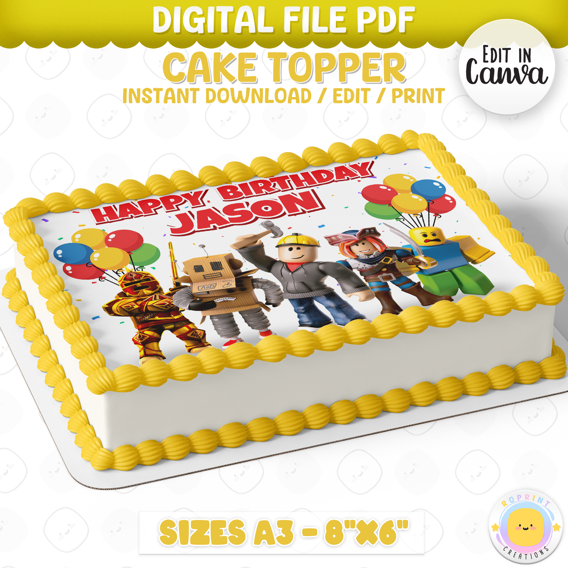 Add a fun Roblox touch to your celebration with this cake topper! Perfect for kids’ gamer-themed birthday parties—download, edit, print, and decorate your cake with ease. 🎮🎂