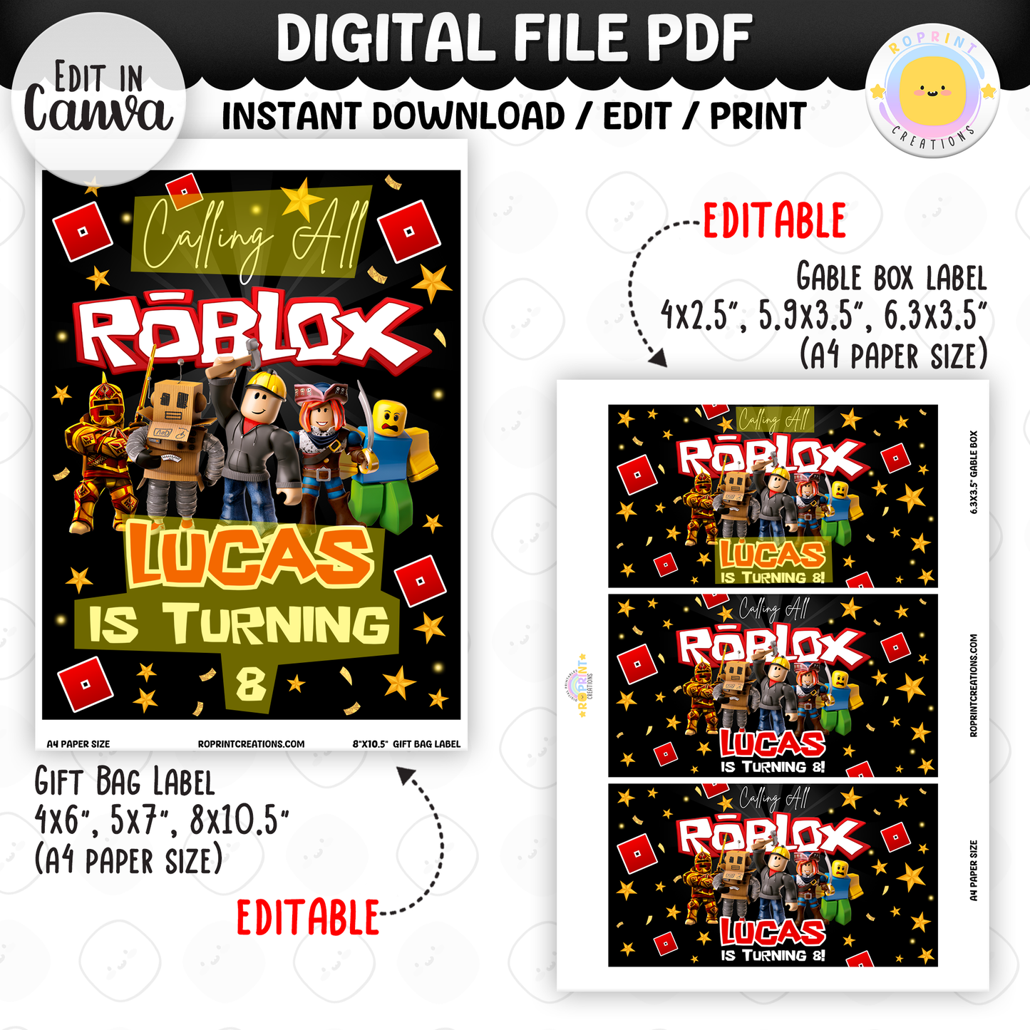 Level up your celebration with this Roblox Birthday Party Collection! Choose from editable party favors and decor, personalize in Canva, then print at home or use professionally for a gamer-themed birthday experience.