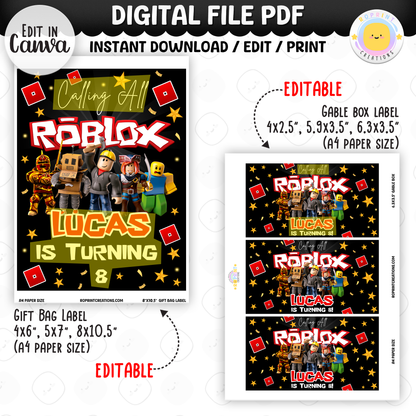 Level up your celebration with this Roblox Birthday Party Collection! Choose from editable party favors and decor, personalize in Canva, then print at home or use professionally for a gamer-themed birthday experience.