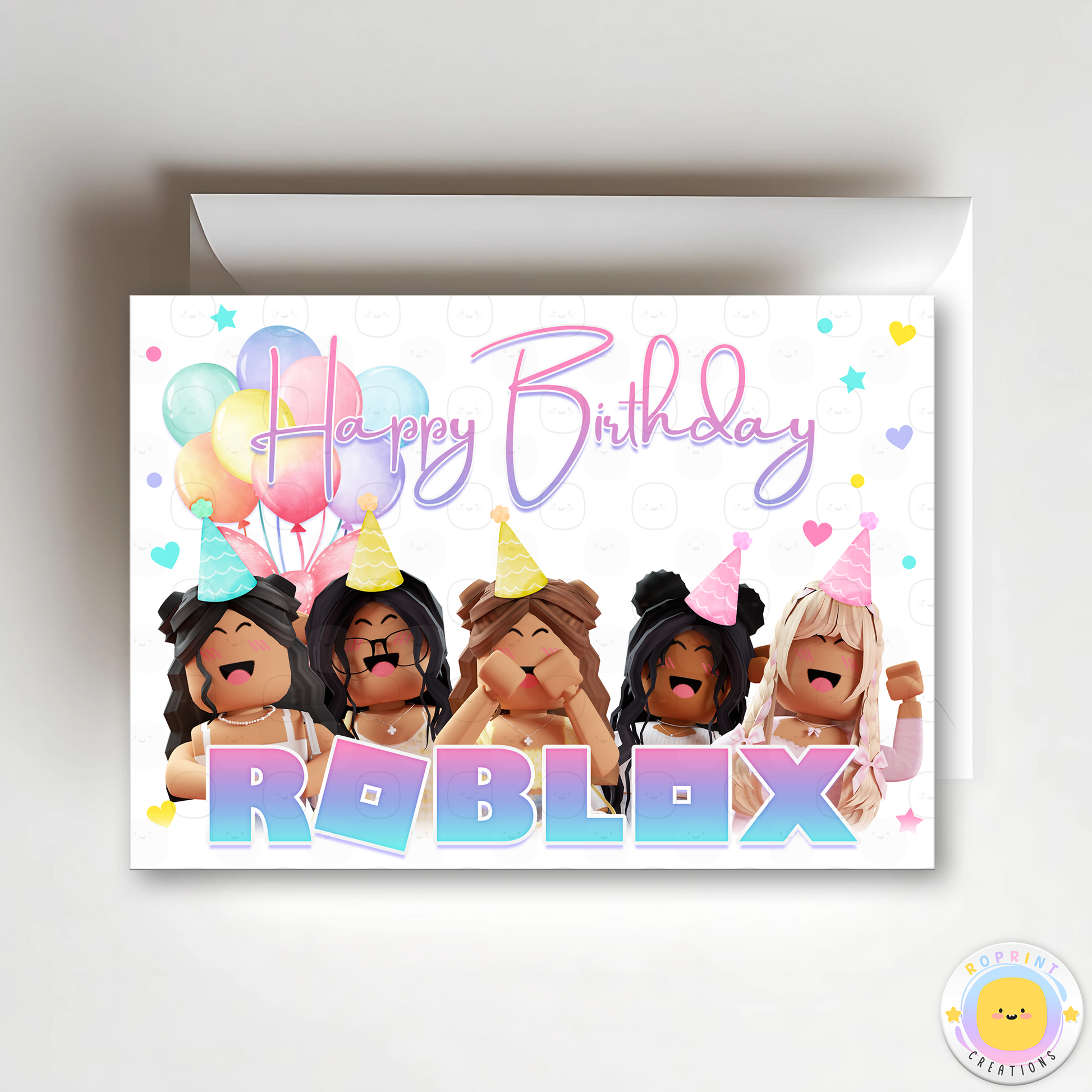 Roblox Girl Birthday Card - Roblox Printable Birthday Greeting Card. Add a cheerful Roblox touch to your celebration with this foldable greeting card! Instantly download, print, and trim to a 7x5 inch card. Digital file only.