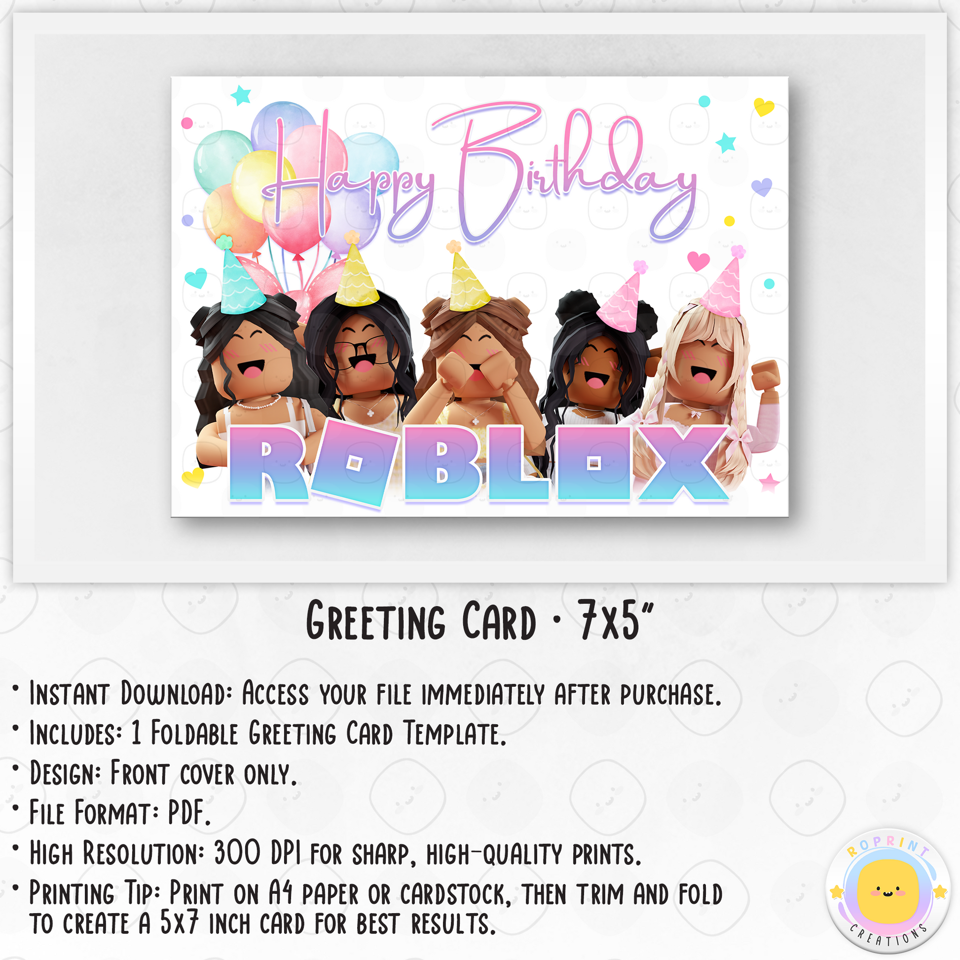 Roblox Girl Birthday Card - Roblox Printable Birthday Greeting Card. Add a cheerful Roblox touch to your celebration with this foldable greeting card! Instantly download, print, and trim to a 7x5 inch card. Digital file only.