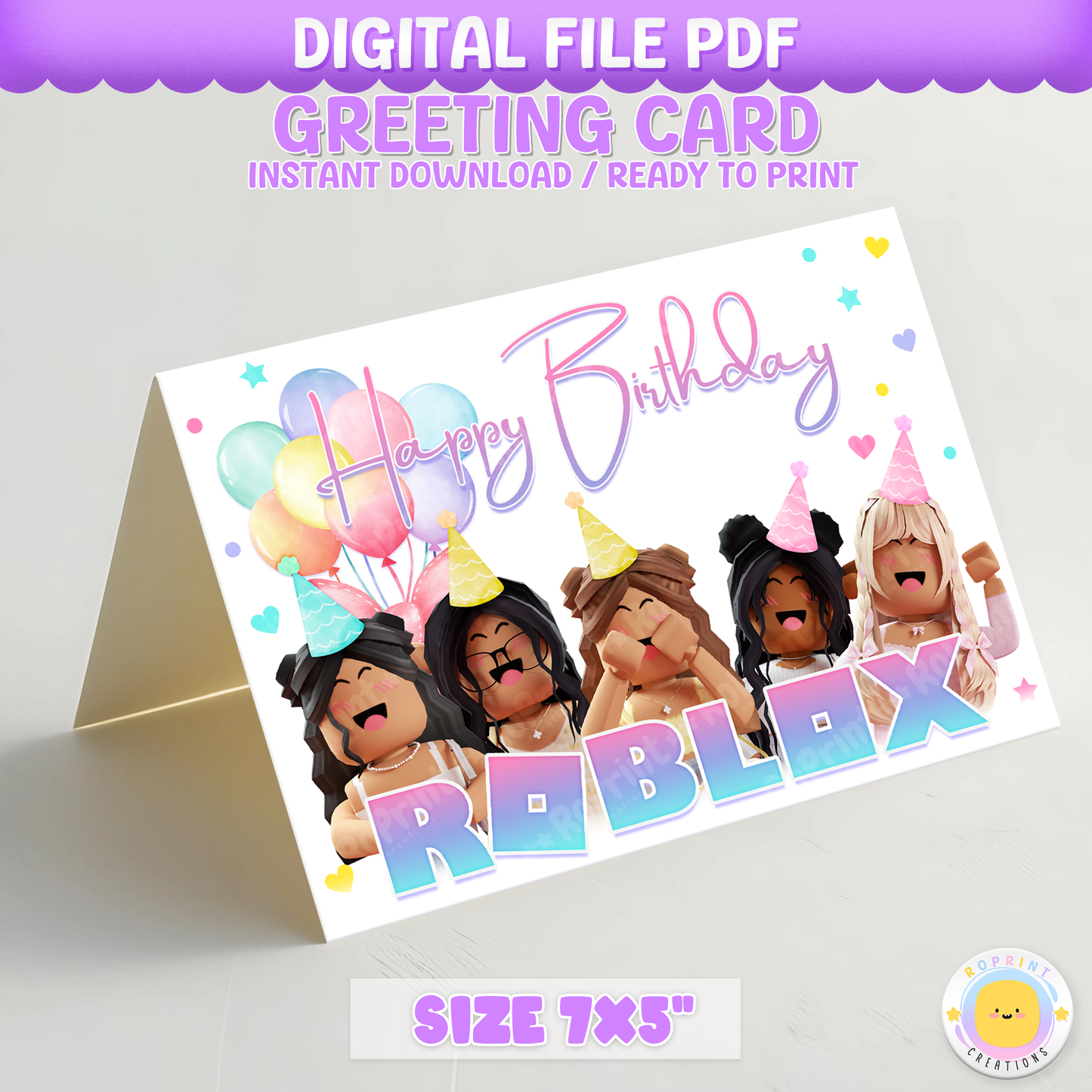 Roblox Girl Birthday Card - Roblox Printable Birthday Greeting Card. Add a cheerful Roblox touch to your celebration with this foldable greeting card! Instantly download, print, and trim to a 7x5 inch card. Digital file only.