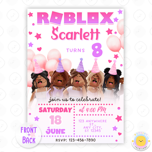 Roblox Girl Birthday Invitation Template - Roblox Girl Pink Editable Canva Invitation Template