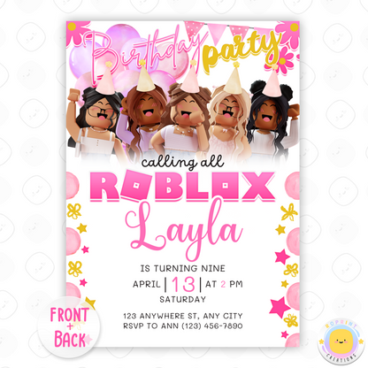 Roblox Girl Pink Birthday Invitation Template - Roblox Girl Purple Editable Canva Invitation Template
