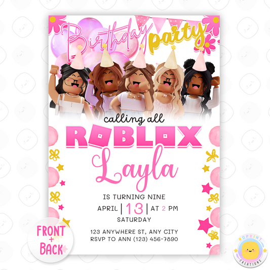 Roblox Girl Pink Birthday Invitation Template - Roblox Girl Purple Editable Canva Invitation Template