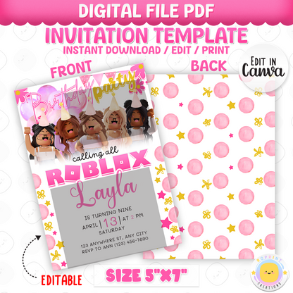 Roblox Girl Pink Birthday Invitation Template - Roblox Girl Purple Editable Canva Invitation Template