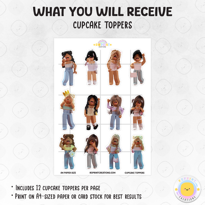 Add a fun Roblox touch to your party with these cute girl-themed cupcake toppers! Simply download, print, and decorate for the perfect gamer birthday.
