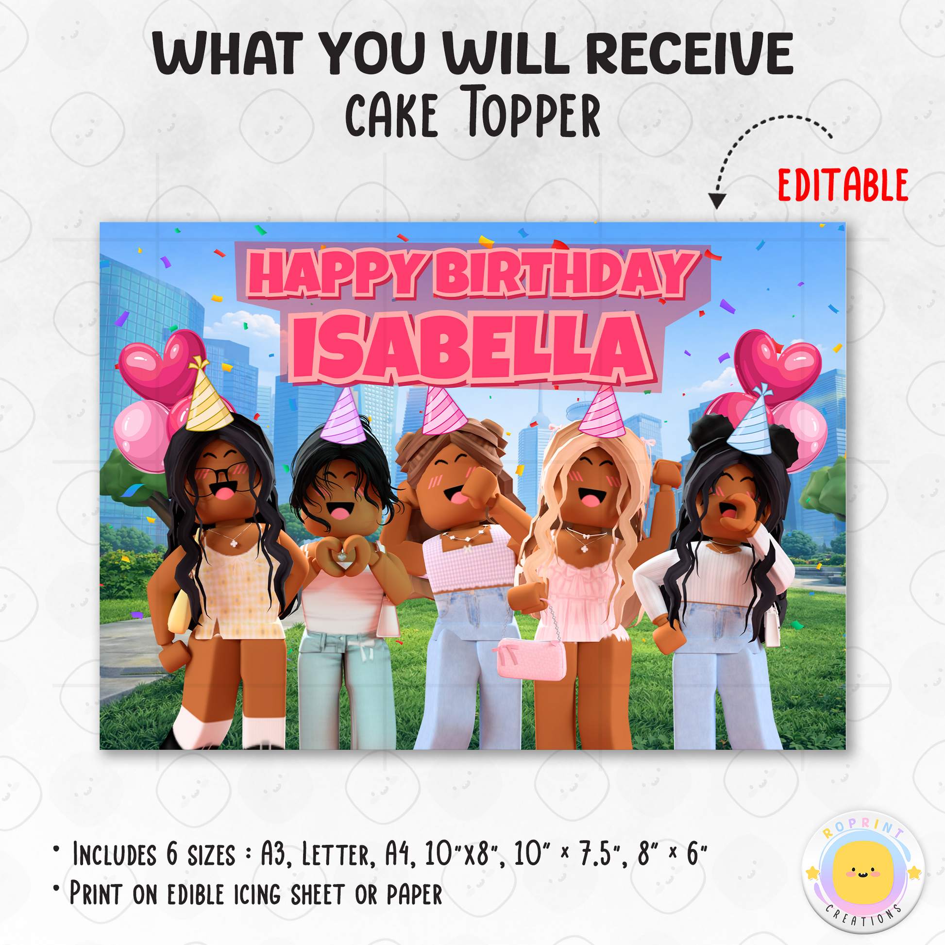 Celebrate in style with this Roblox Girls-inspired cake topper! Printable and perfect for decorating kids’ birthday cakes for a fun gamer-themed party. 🎮🎂