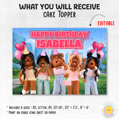 Celebrate in style with this Roblox Girls-inspired cake topper! Printable and perfect for decorating kids’ birthday cakes for a fun gamer-themed party. 🎮🎂