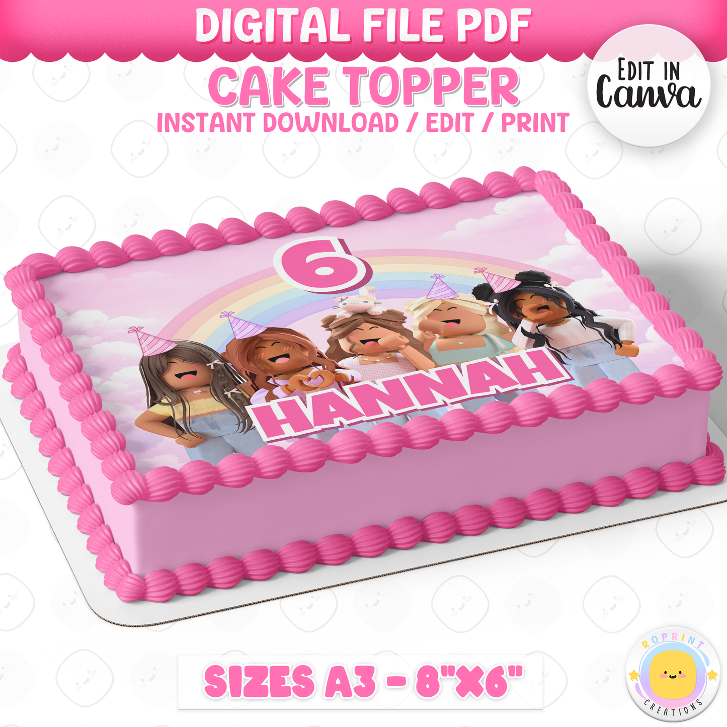 Add a fun pink Roblox touch to your party with this cake topper! Perfect for decorating gamer-themed birthday cakes for kids—just download, print, and celebrate. 🎮🎂