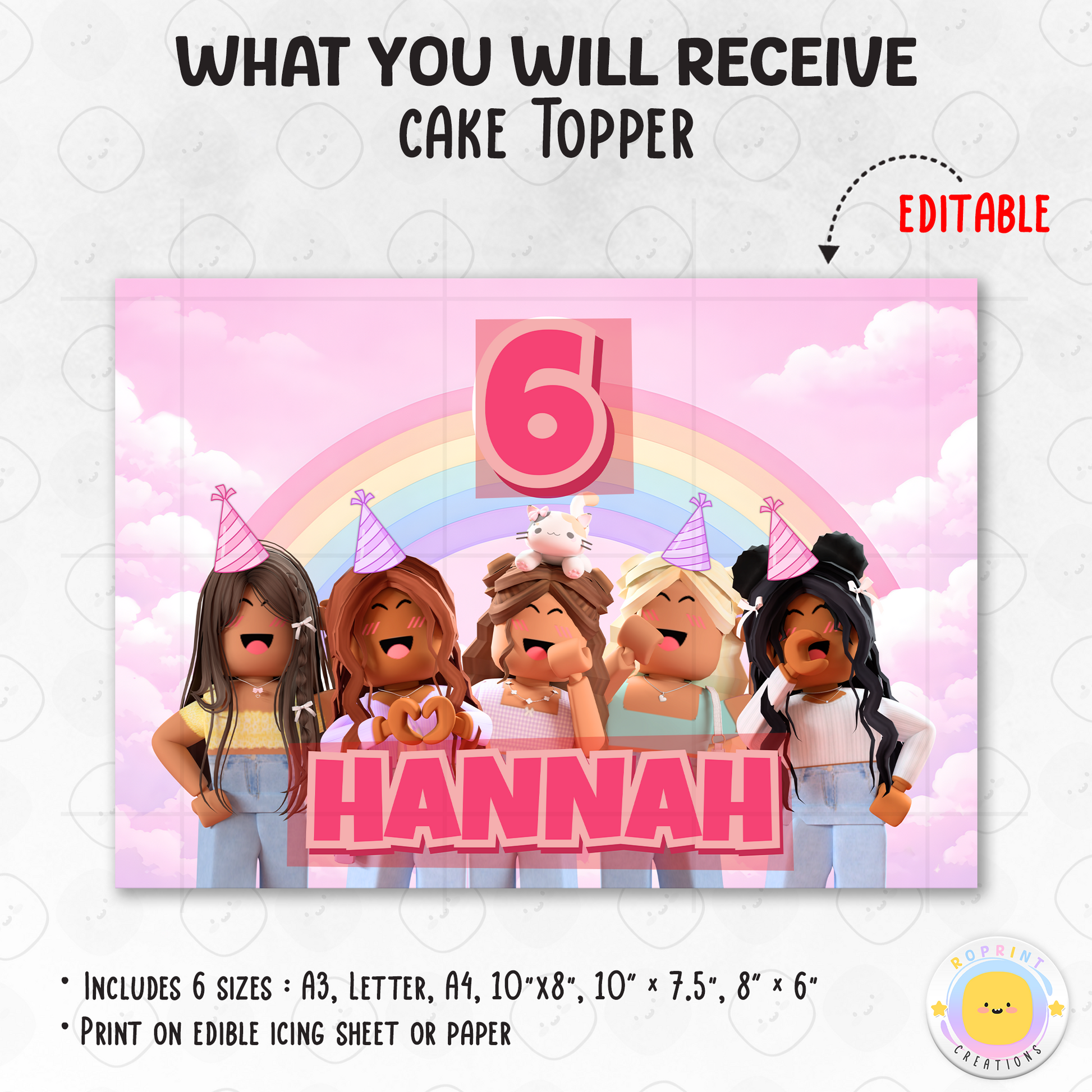 Add a fun pink Roblox touch to your party with this cake topper! Perfect for decorating gamer-themed birthday cakes for kids—just download, print, and celebrate. 🎮🎂