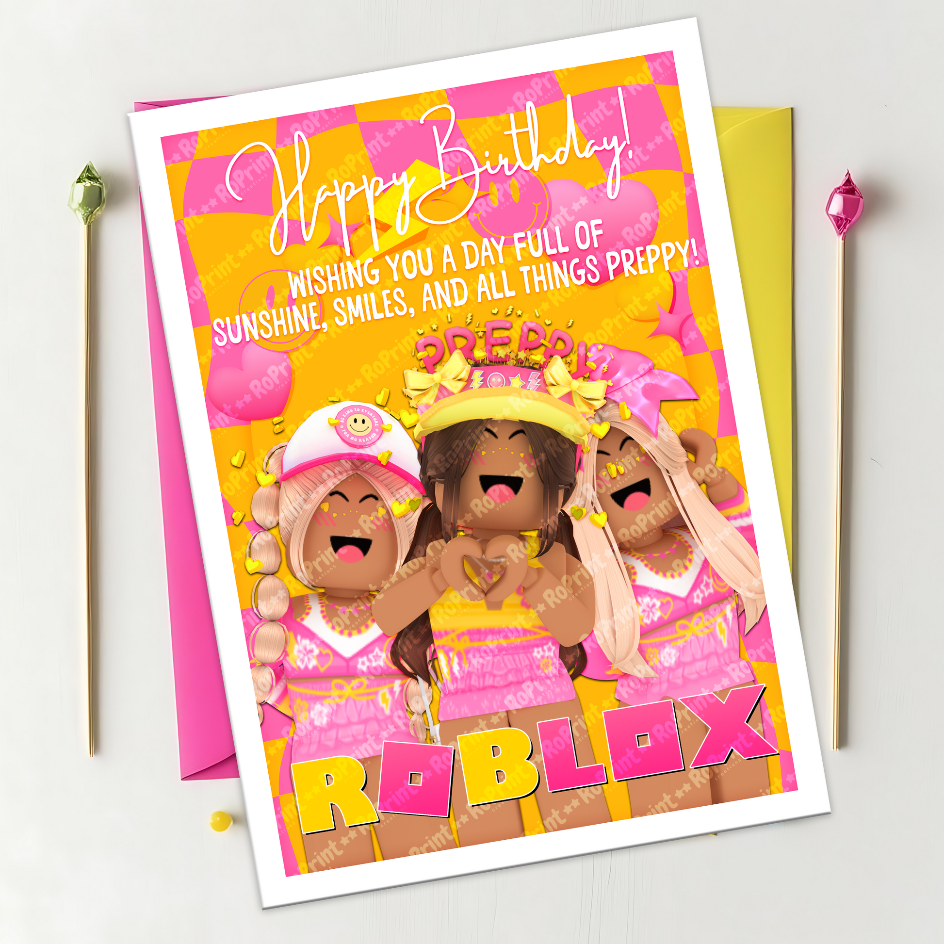 Digital printable Roblox girls preppy birthday card, perfect for kids' birthday celebrations.