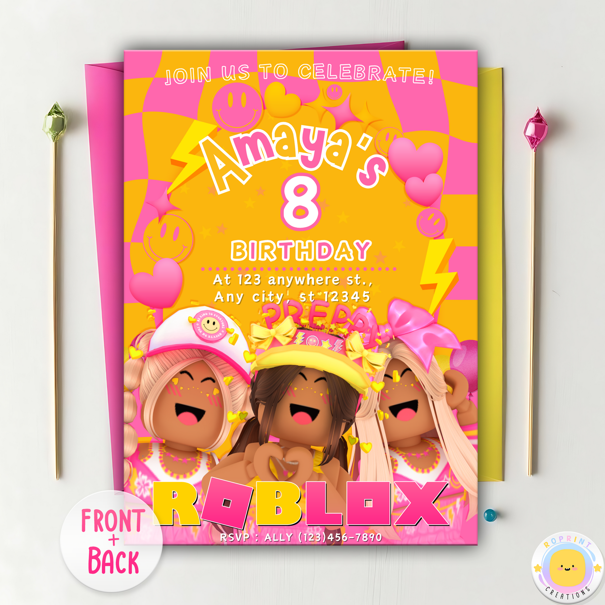 Digital printable Roblox girls preppy birthday invitation template, ideal for a gamer girl-themed celebration.