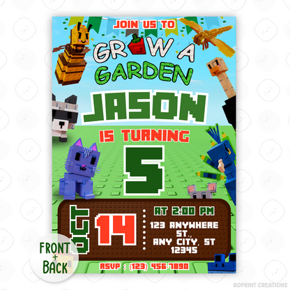Level up the fun with this Roblox Grow a Garden birthday invitation! Easily editable in Canva—print at home or share digitally for the perfect gamer party invite. Instant download