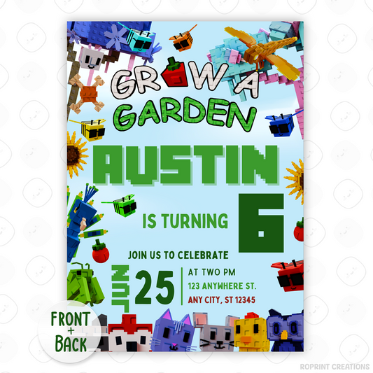 Level up the fun with this Roblox Grow a Garden birthday invitation! Easily editable in Canva—print at home or share digitally for the perfect gamer party invite. Instant download
