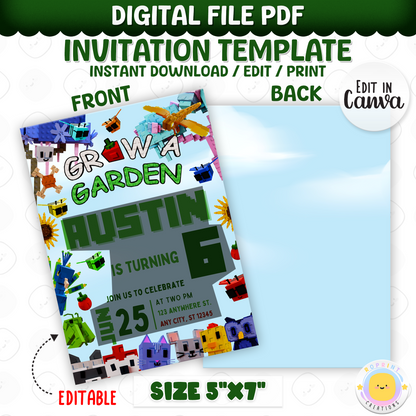 Level up the fun with this Roblox Grow a Garden birthday invitation! Easily editable in Canva—print at home or share digitally for the perfect gamer party invite. Instant download
