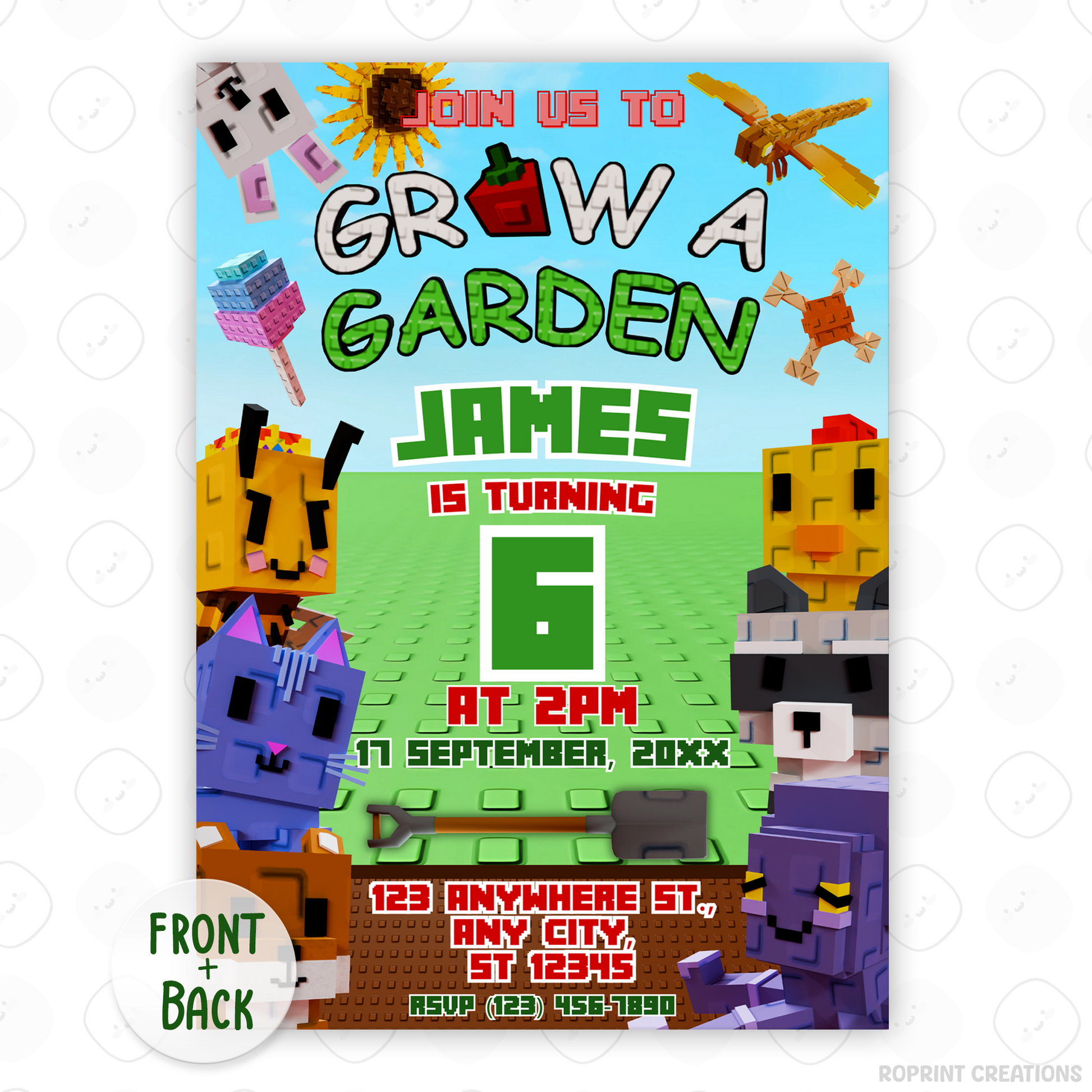 Level up the fun with this Roblox Grow a Garden birthday invitation! Easily editable in Canva—print at home or share digitally for the perfect gamer party invite. Instant download