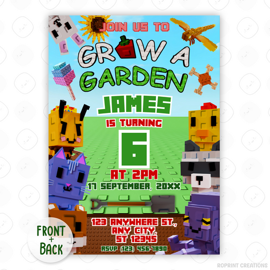 Level up the fun with this Roblox Grow a Garden birthday invitation! Easily editable in Canva—print at home or share digitally for the perfect gamer party invite. Instant download