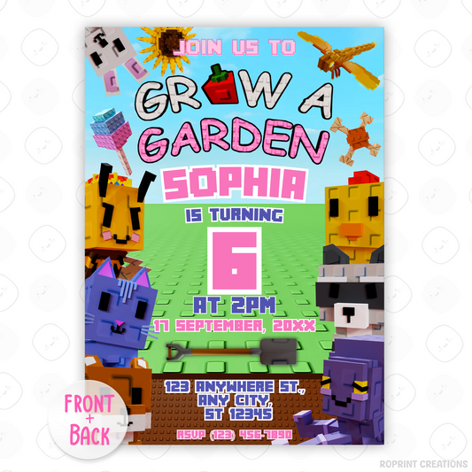 Celebrate in style with this Pink Roblox Grow a Garden birthday invitation! Easily editable in Canva—print at home or share digitally for a fun gamer party invite. Instant download