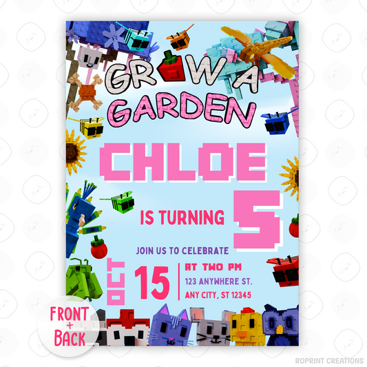 Celebrate in style with this Pink Roblox Grow a Garden birthday invitation! Easily editable in Canva—print at home or share digitally for a fun gamer party invite. Instant download