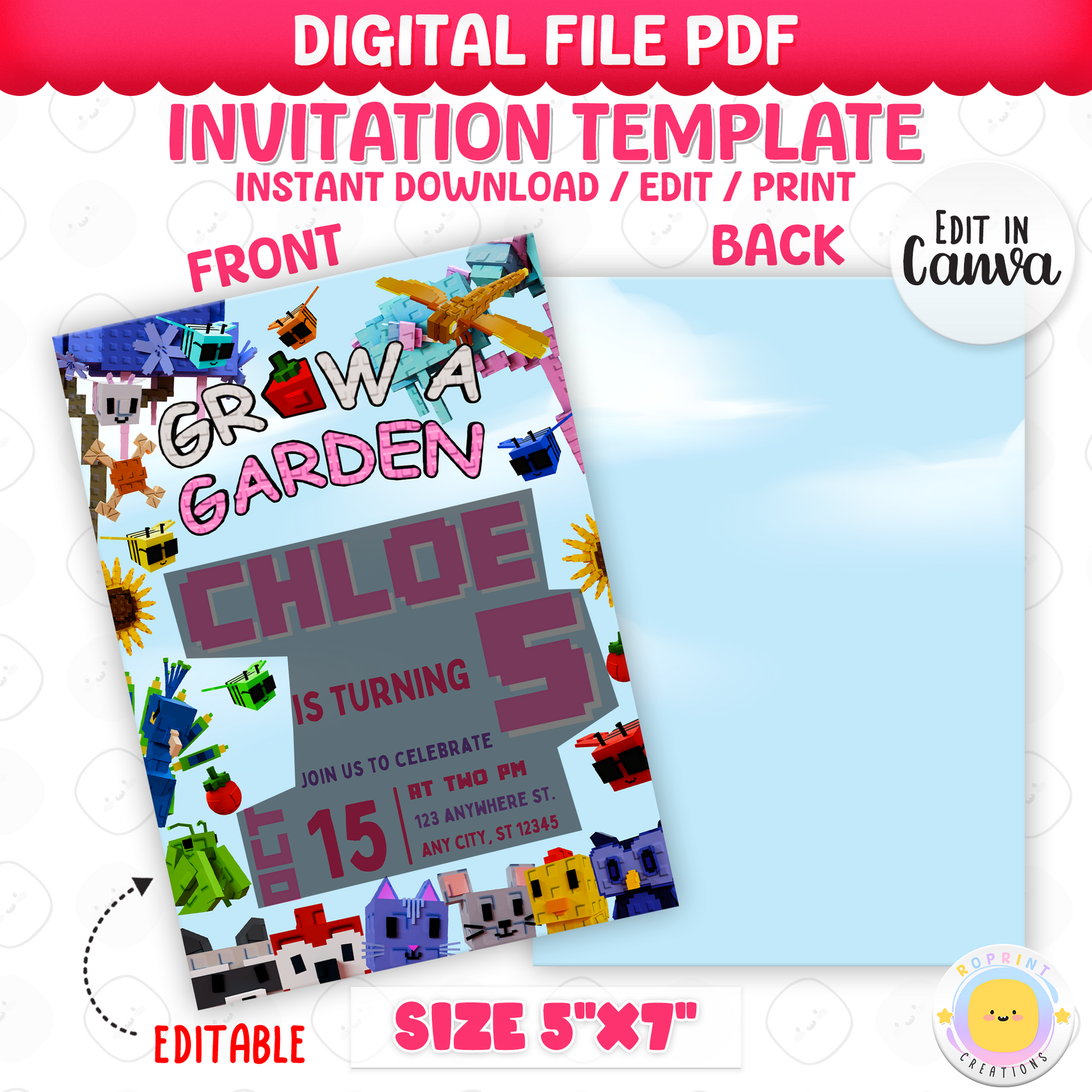 Celebrate in style with this Pink Roblox Grow a Garden birthday invitation! Easily editable in Canva—print at home or share digitally for a fun gamer party invite. Instant download