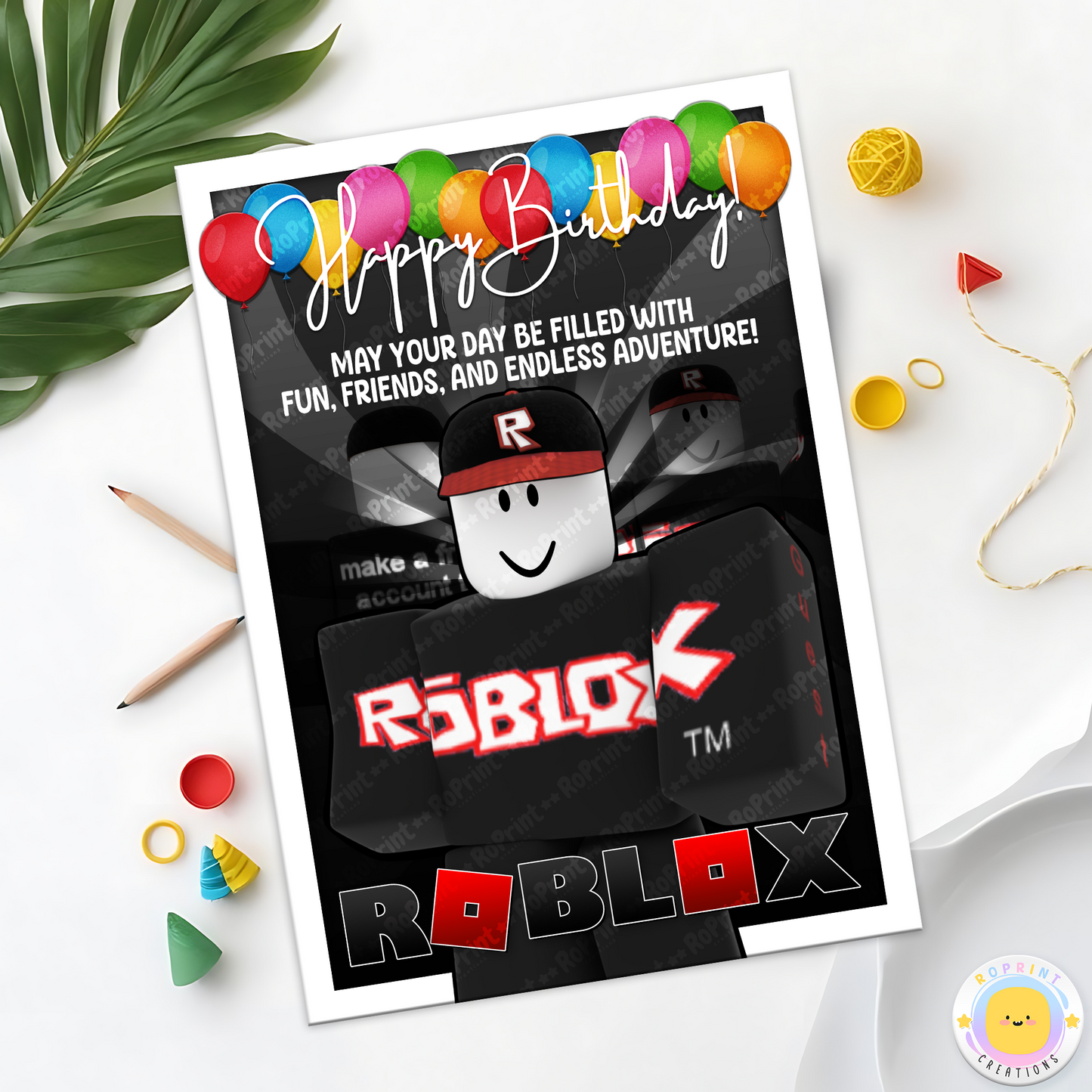 Digital printable Roblox Guest inspired birthday card, perfect for a fun and playful kids' birthday party.