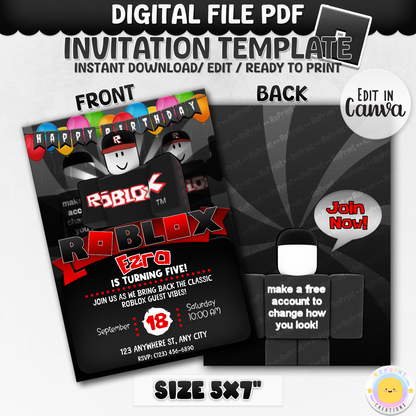 Digital printable Roblox Guest inspired birthday invitation template, ideal for kids' themed birthday parties.