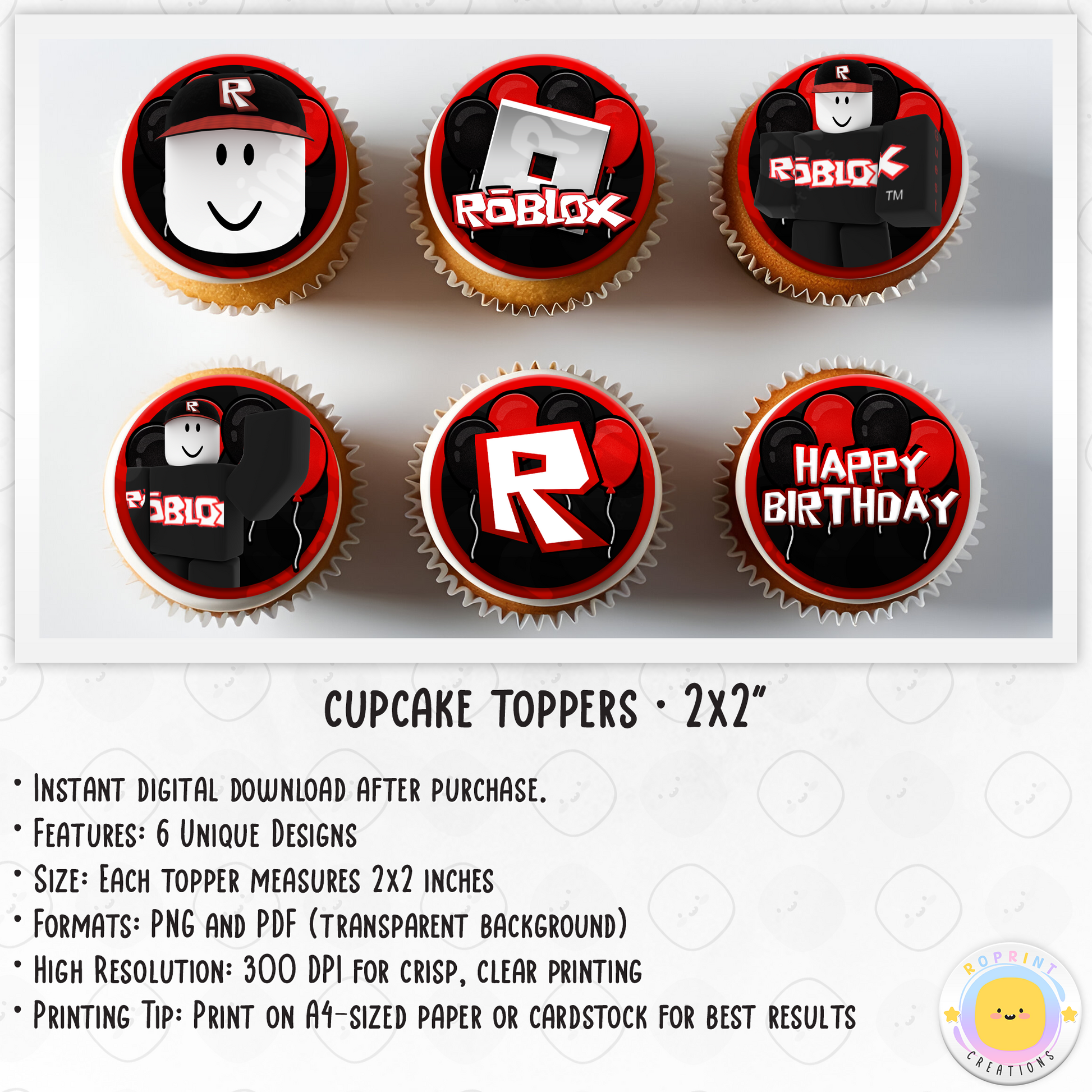 Roblox Guest Cupcake Toppers - Roblox Birthday Cupcake Toppers. Add a fun touch to your celebration with these Roblox Guest Cupcake Toppers! Instantly download, print, and assemble for a unique party decoration. These toppers can also be printed on edible paper or sticker paper to create fun stickers. Digital file only.
