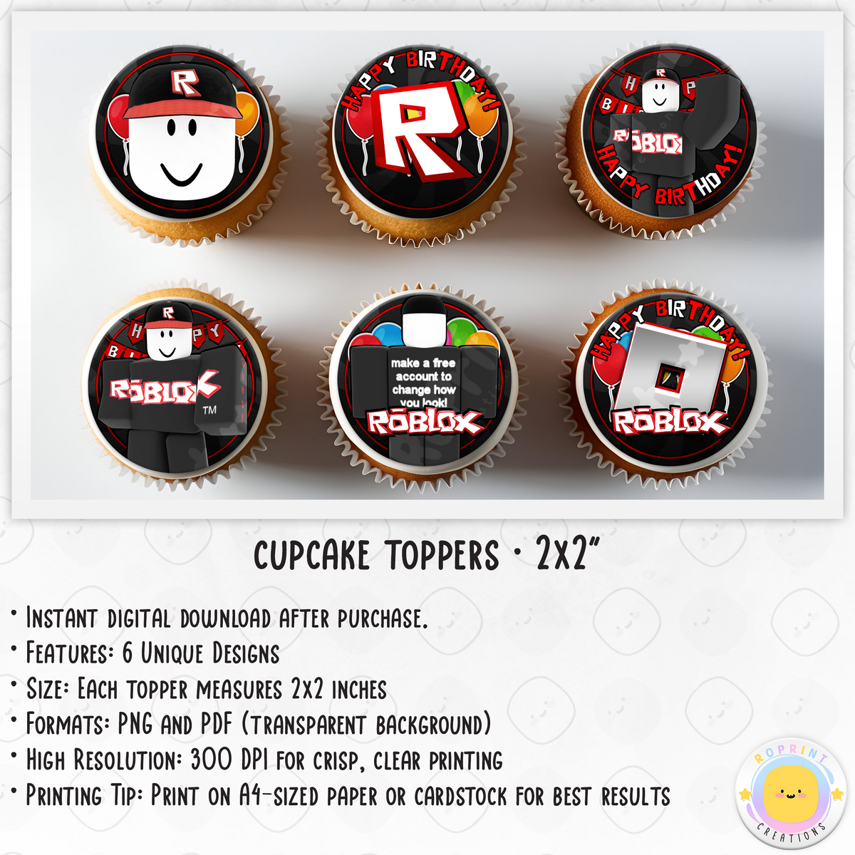 Roblox Guest Cupcake Toppers - Roblox Birthday Cupcake Toppers
Add a fun touch to your celebration with these Roblox Guest Cupcake Toppers! Instantly download, print, and assemble for a unique party decoration. These toppers can also be printed on edible paper or sticker paper to create fun stickers. Digital file only.
