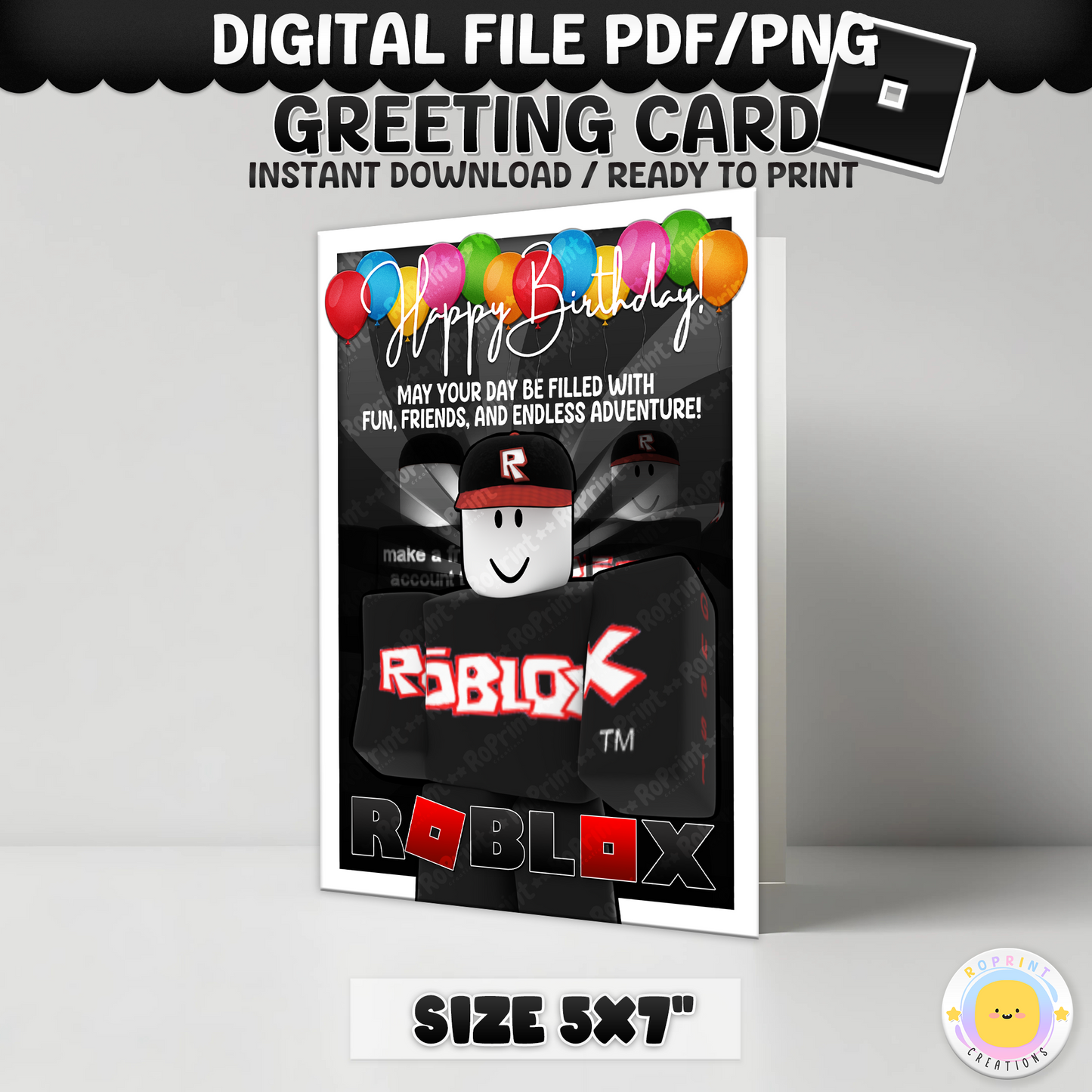 Digital printable Roblox Guest inspired birthday card, perfect for a fun and playful kids' birthday party.