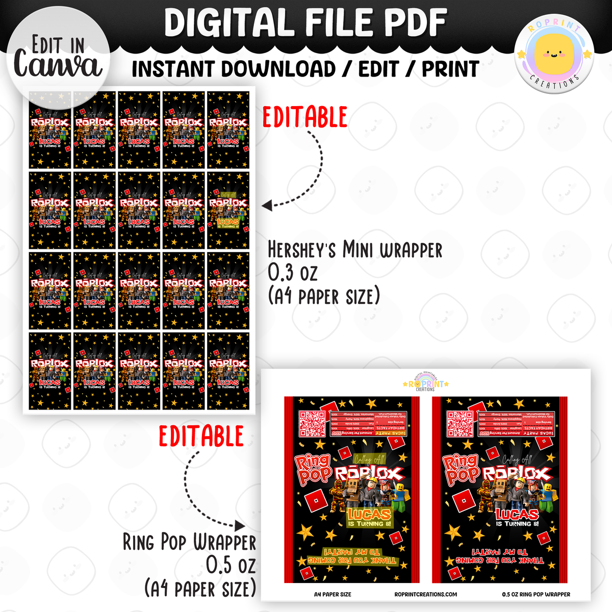Level up your celebration with this Roblox Birthday Party Collection! Choose from editable party favors and decor, personalize in Canva, then print at home or use professionally for a gamer-themed birthday experience.
