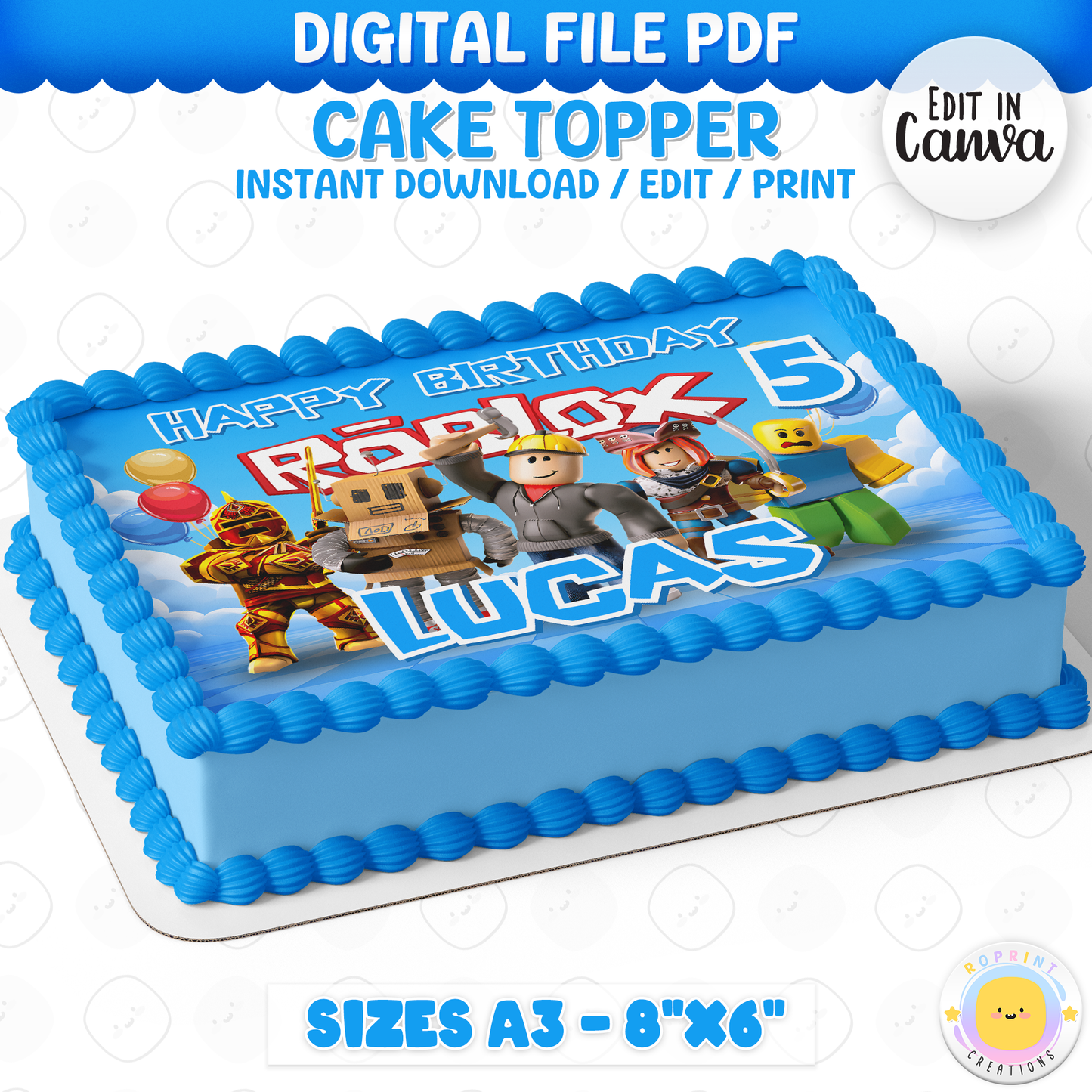 Add a fun Roblox touch to your celebration with this cake topper! Perfect for kids’ gamer-themed birthday parties—download, edit, print, and decorate your cake with ease. 🎮🎂