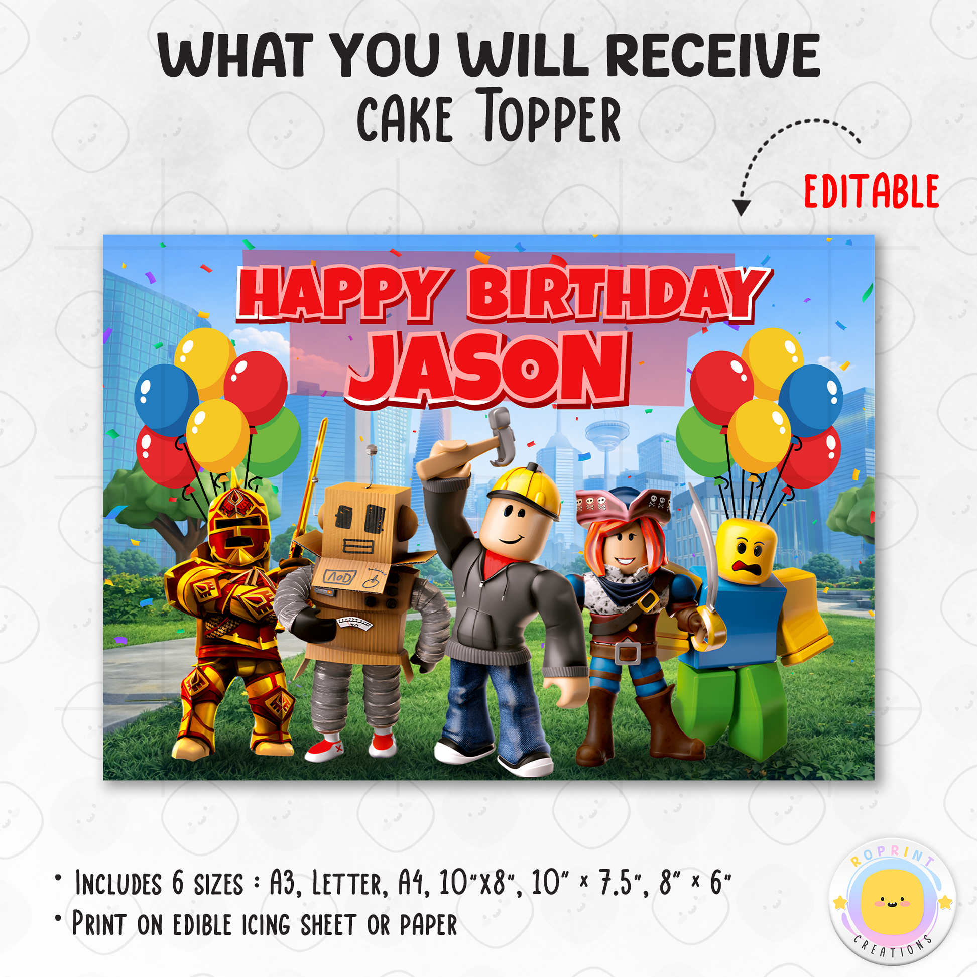 Add a fun Roblox touch to your celebration with this cake topper! Perfect for kids’ gamer-themed birthday parties—download, print, and decorate your cake with ease. 🎮🎂