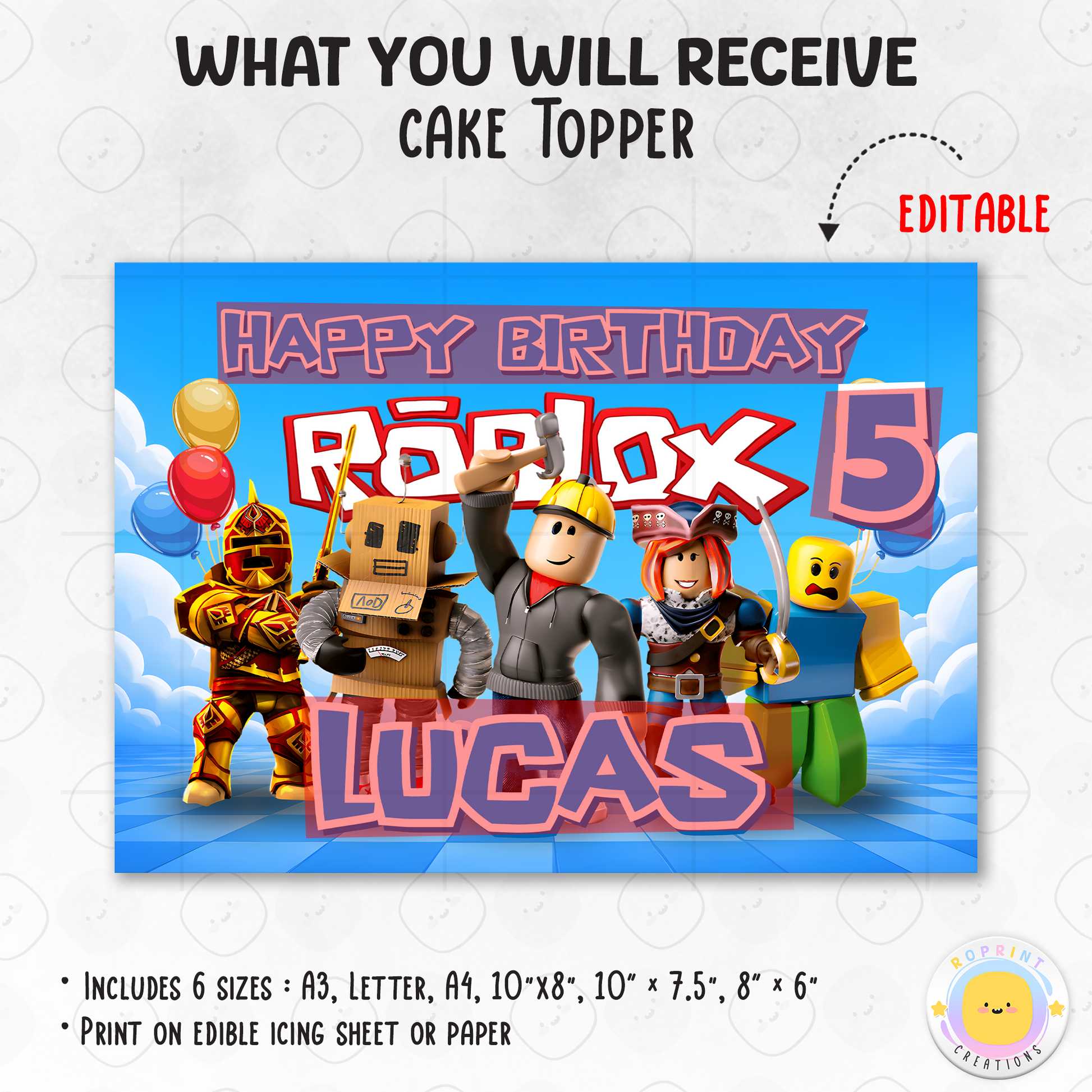 Add a fun Roblox touch to your celebration with this cake topper! Perfect for kids’ gamer-themed birthday parties—download, edit, print, and decorate your cake with ease. 🎮🎂