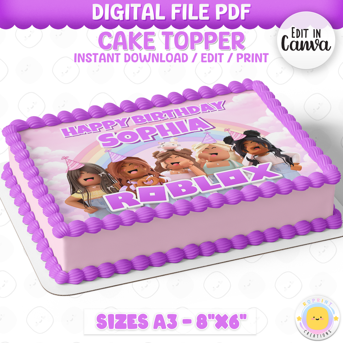 Add a fun purple Roblox touch to your party with this printable cake topper! Simply download, print, and decorate for a colorful gamer-themed birthday celebration. 🎮🎂
