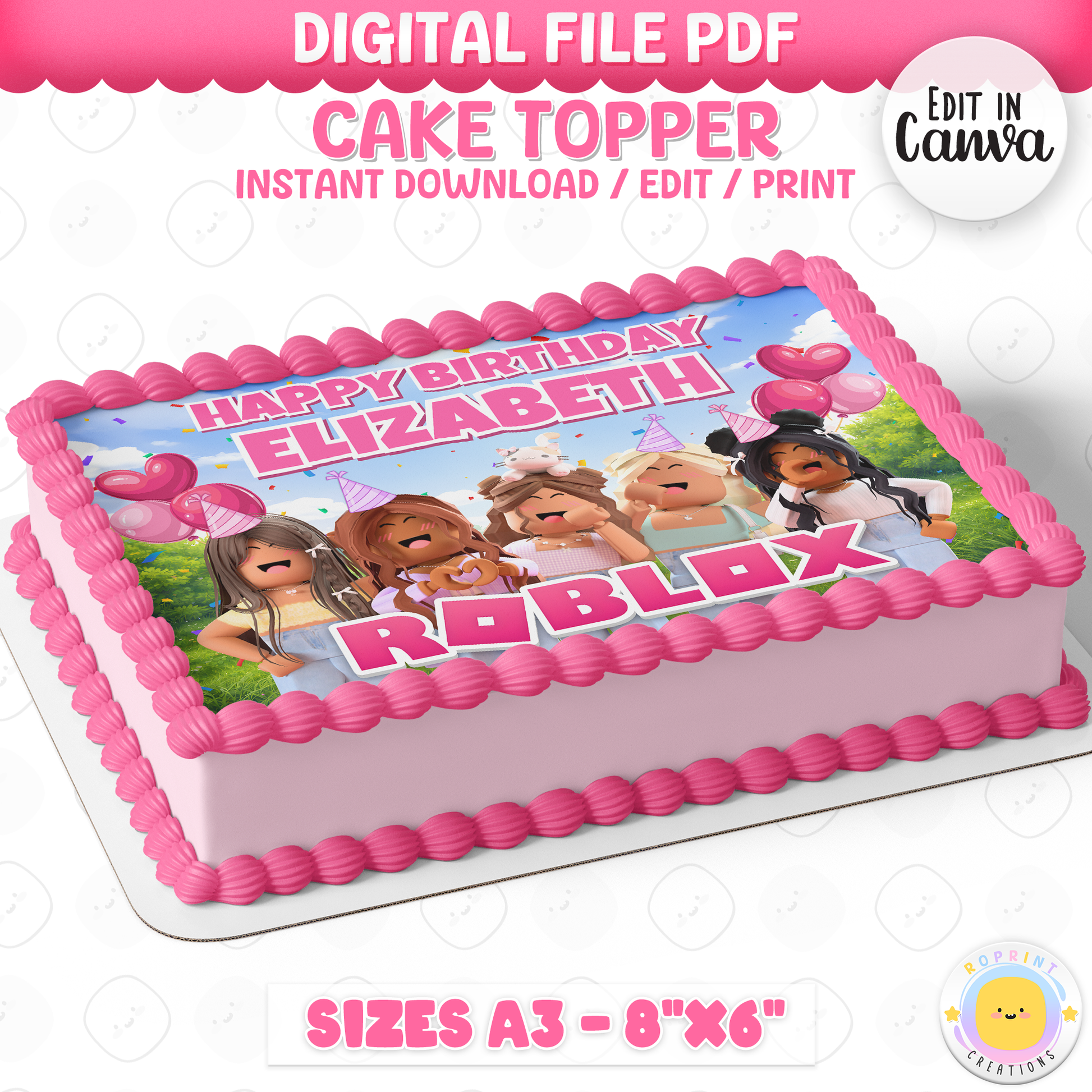 Roblox inspired girl cake topper, printable pink Roblox party cake topper for kids birthday