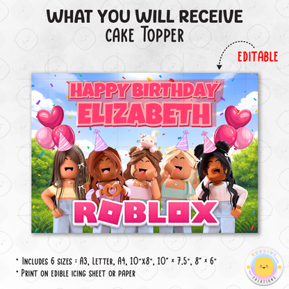 Roblox inspired girl cake topper, printable pink Roblox party cake topper for kids birthday