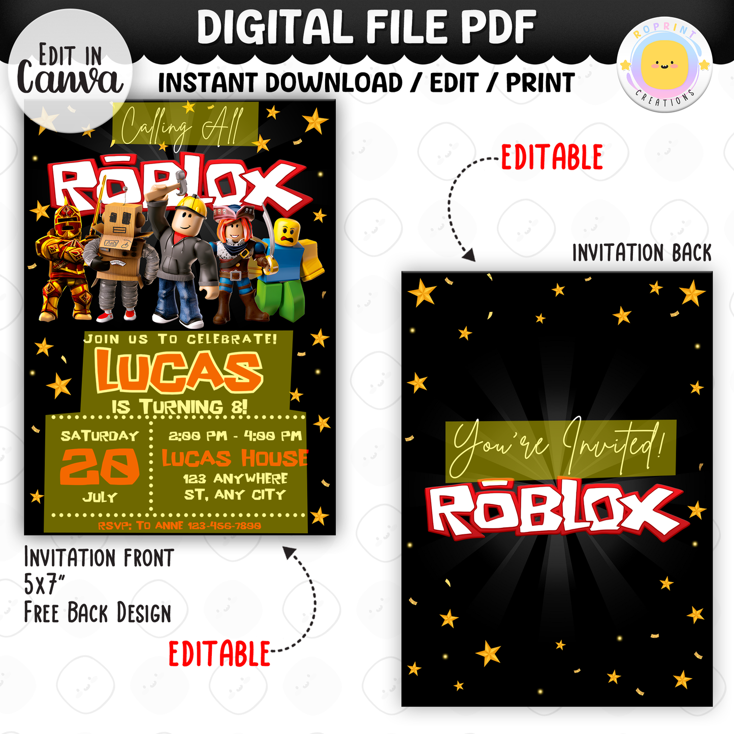 Level up your celebration with this Roblox Birthday Party Collection! Choose from editable party favors and decor, personalize in Canva, then print at home or use professionally for a gamer-themed birthday experience.