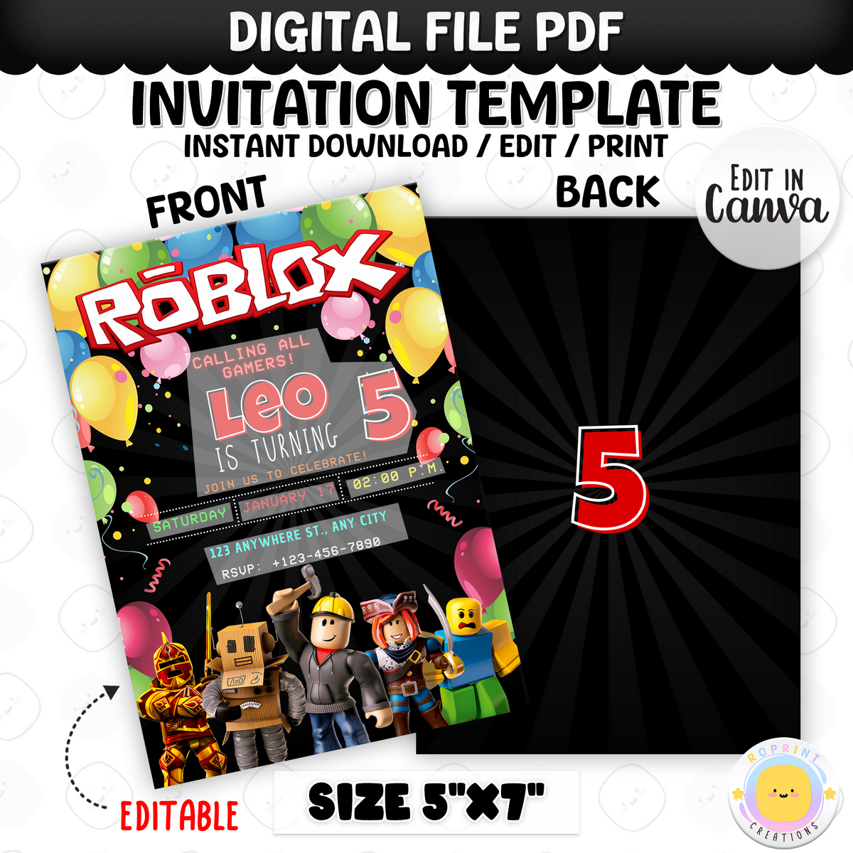 Level up your party with this Roblox-themed birthday invitation! Edit easily in Canva and print or share digitally. Instant download